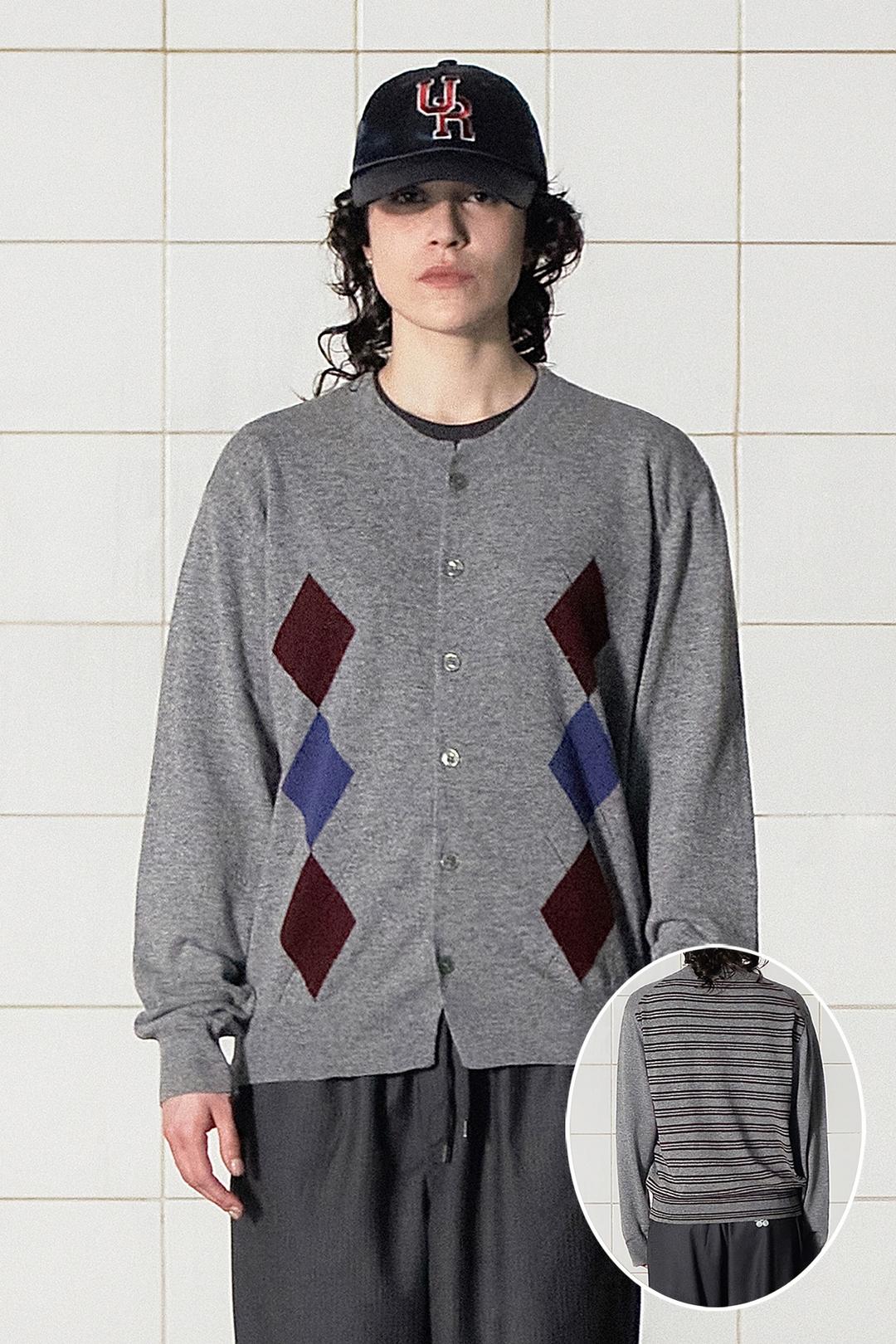 ARGYLE STRIPE CARDIGAN / GREY