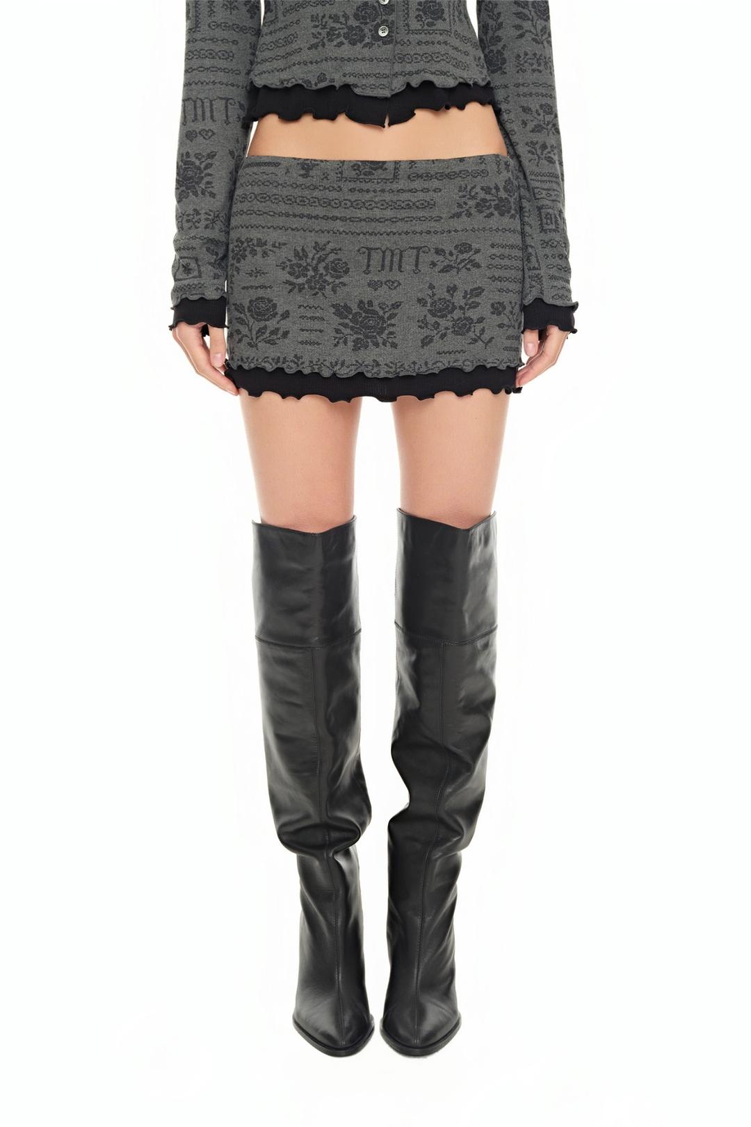 FLORAL MOTIF LAYERED SKIRT (CHARCOAL)