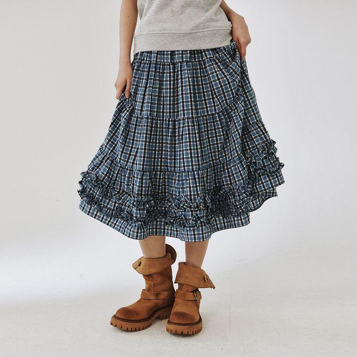 [3차]MIDDLE FRILL SKIRT, BLUE CHECK [06/10 예약배송]