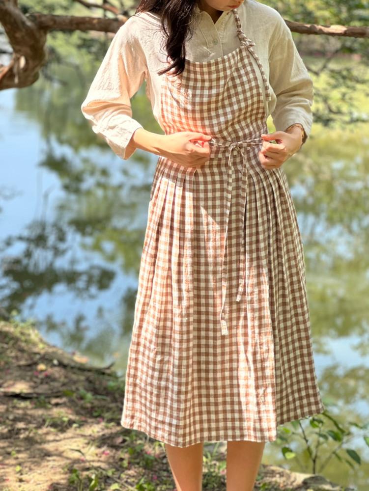 lituania linen brown pleats skirt apron 리투아니아 브라운 플리츠 스커트 에이프런