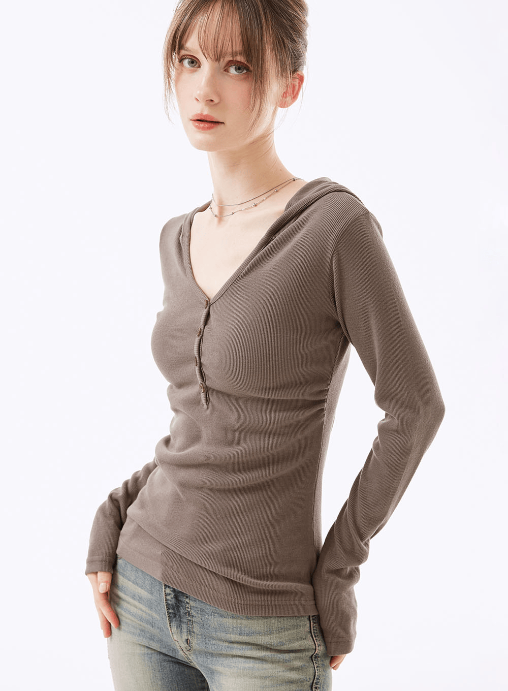 로우센 골지 버튼 후드 긴팔티