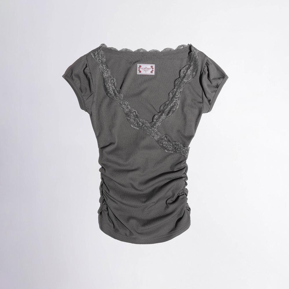 [22%쿠폰][HAGO 단독] Lace Trim Wrap Tee Charcoal