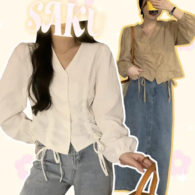 V-neck shirring blouse