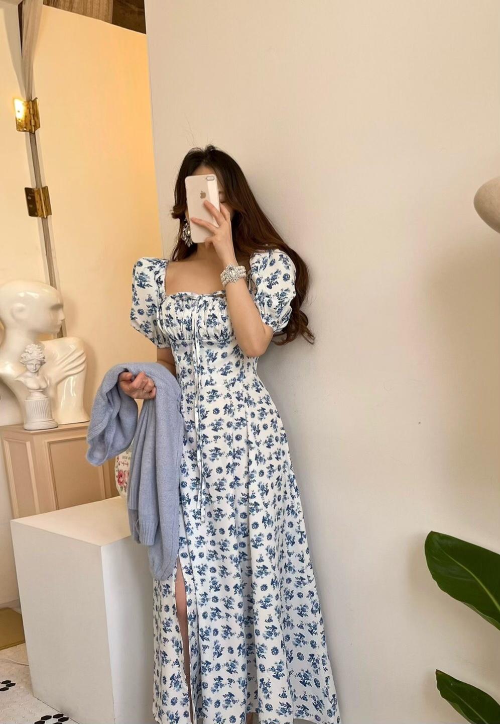 (무배) 마르세유 플라워 맥시 롱원피스 (스퀘어넥,셔링,리본,퍼프,코르셋) [비비아레이디]