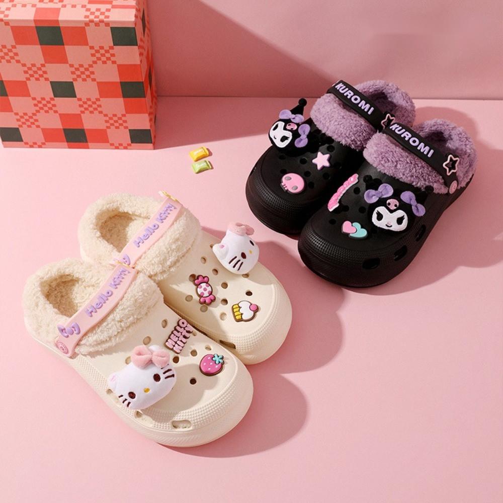 헬로키티 쿠로미 겨울 털 슬리퍼 사무실 학교 독서실 야외 귀여운 벨벳 슬리퍼 Sanrio