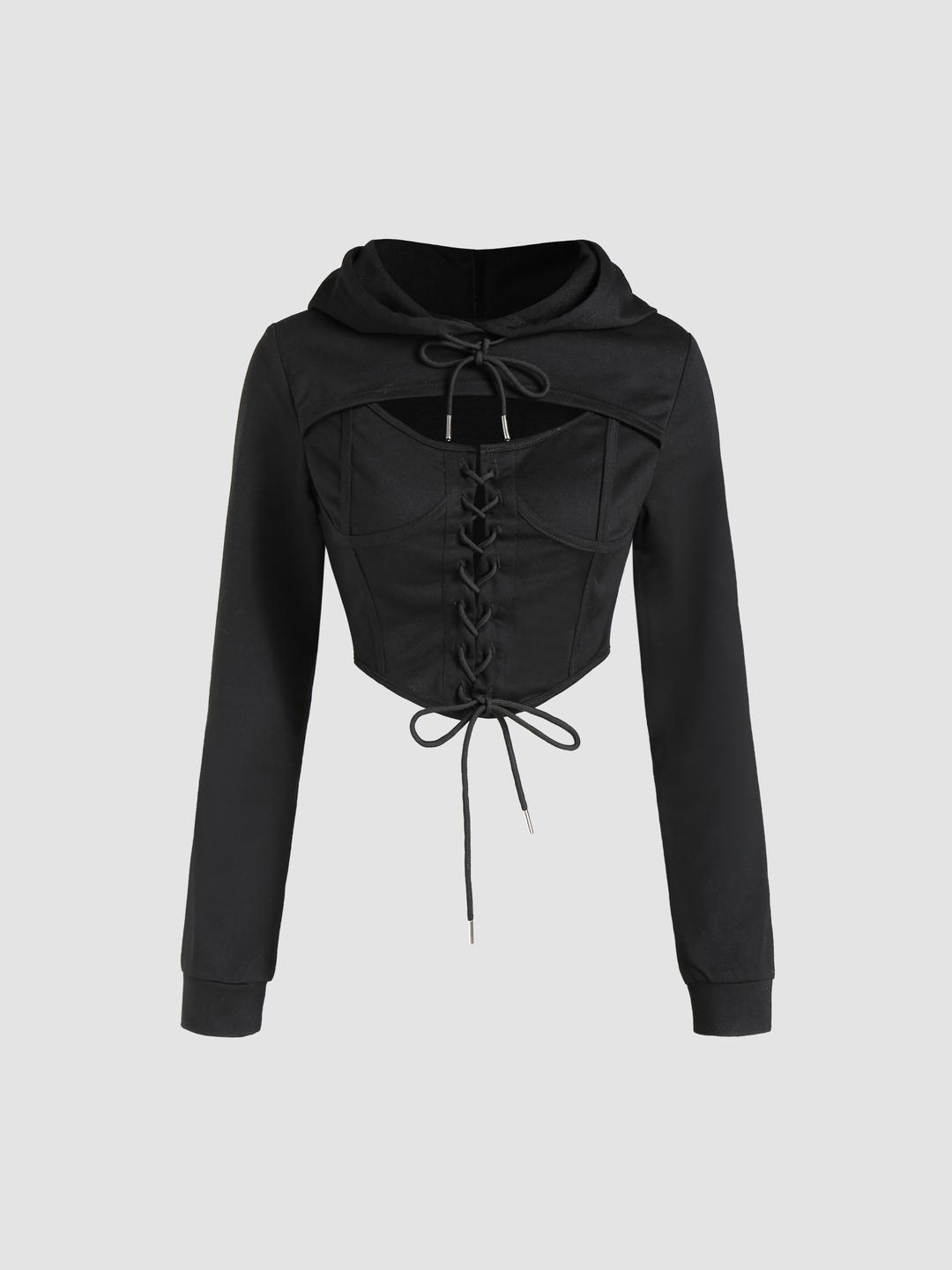 Solid Lace Up Crop Hoodie