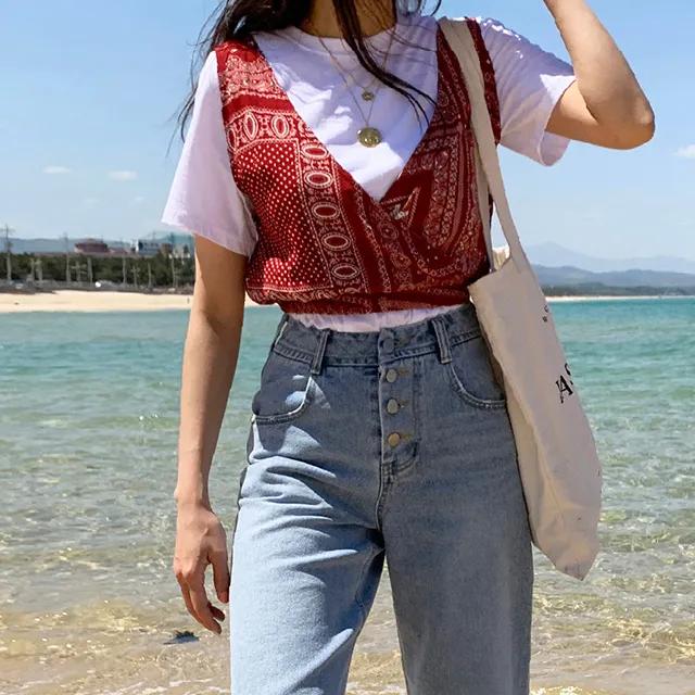 (당일배송) 3 color 페이즐리 슬리브리스 뷔스티에 크롭 탑