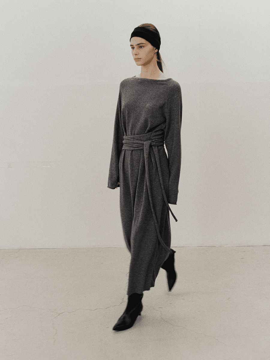 [11/25 예약배송] TVF MERINO WOOL TIE KNIT DRESS_CHARCOAL