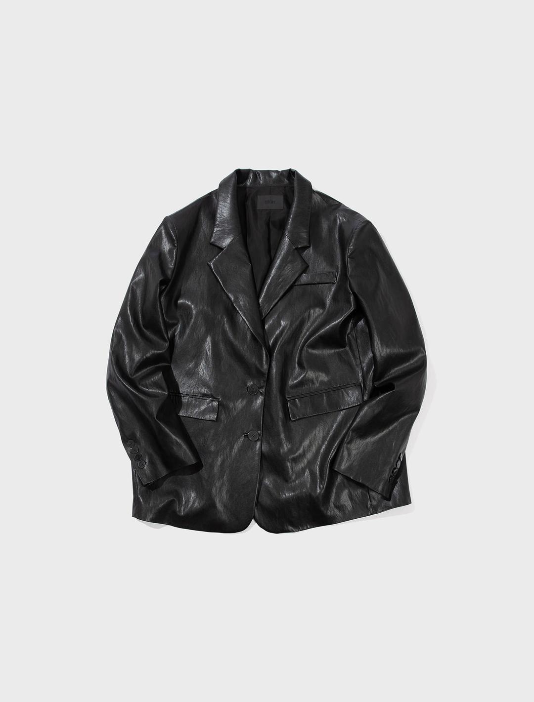 쿼리 오버사이즈 페이크 레더 자켓 블랙