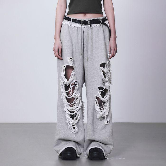 Scratch Damage Wide Sweat Pants [ Melange Gray ]