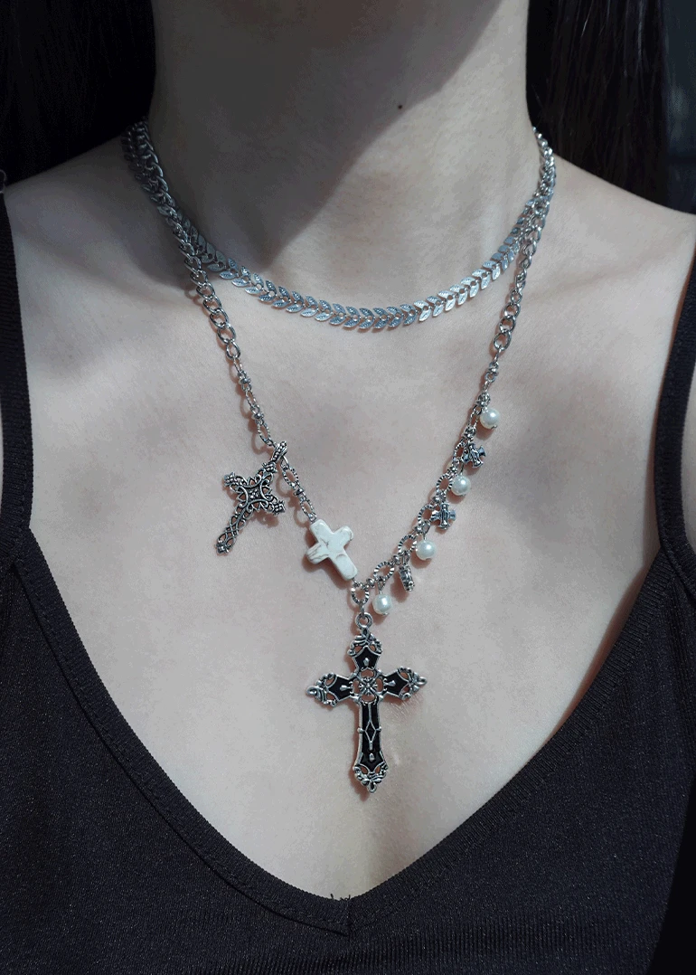 [set] leaf cross necklace | 유니크 빅 십자가 잎 세트 목걸이