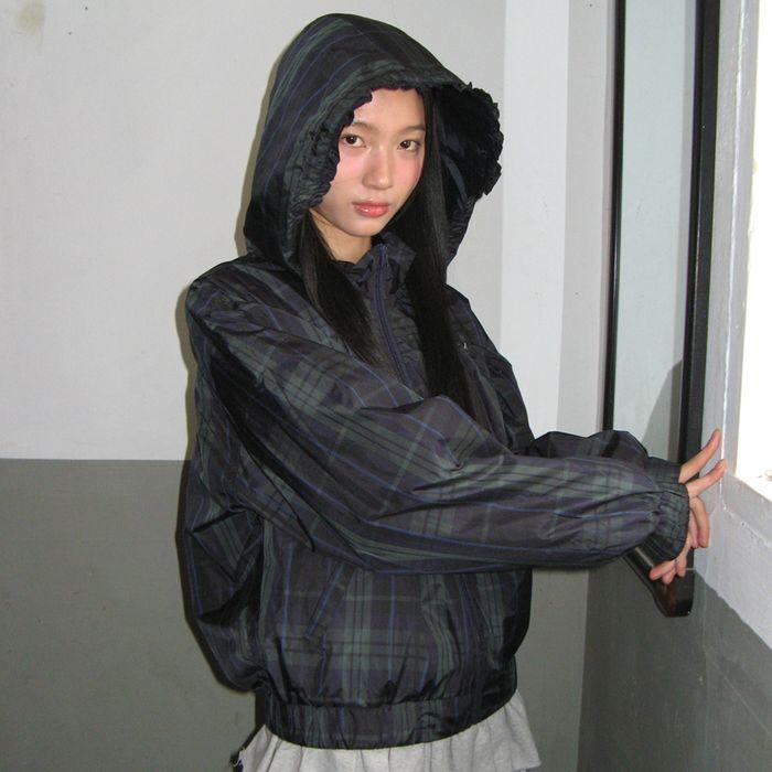 PENDANT FRILL HOODIE WIND JUMPER NAVY CHECK
