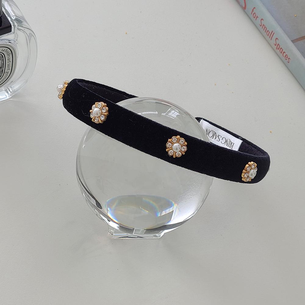 [블링살롱made/국내제작] 블랙 벨벳 프린세스 얇은 2cm 큐빅 헤어밴드 머리띠 1color