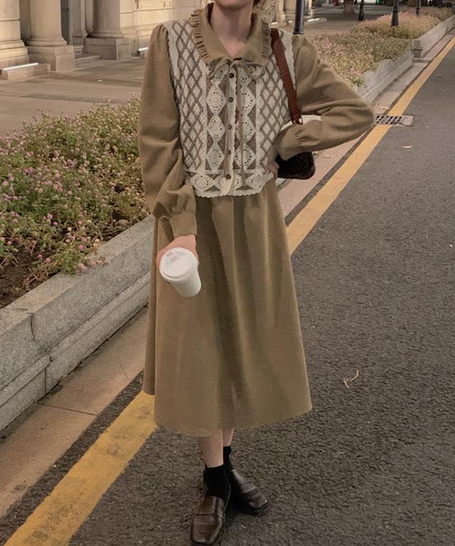 코코앤유 [4사이즈/리뷰740돌파] 베이글원피스조끼 코듀로이세트 (빅사이즈 겨울 약기모 데일리 따로 입어도 예뻐요 여친룩 데이트룩 데일리룩)