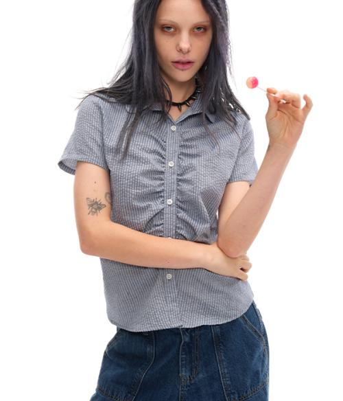 CHECK SHIRRING SHIRT_BLUE