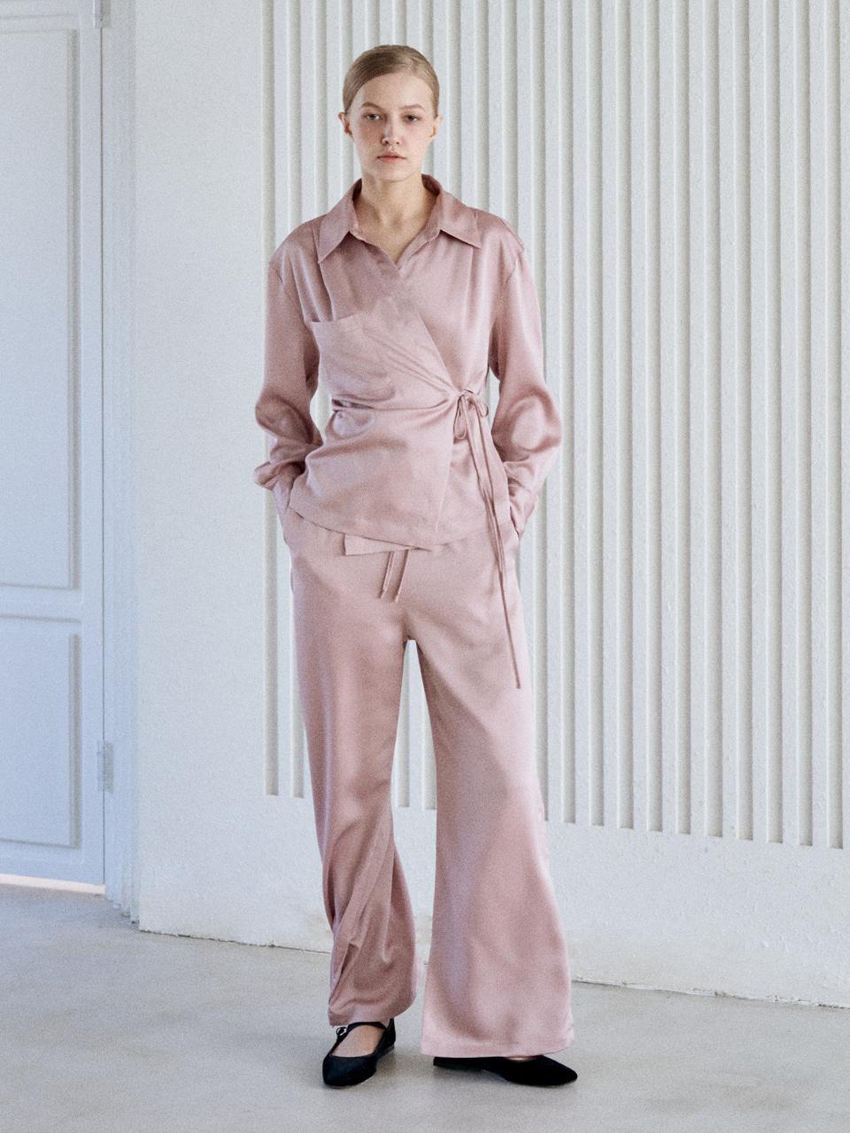 SATIN WRAP SHIRT BLOUSE [ROSE PINK][BLACK]