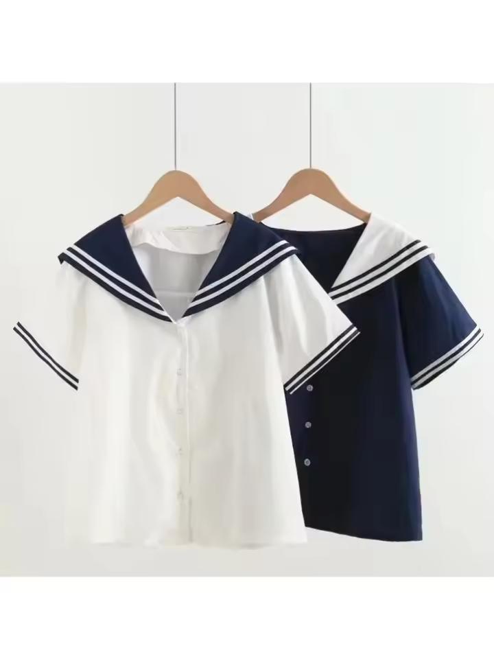고품질 100% 코튼 블라우스 모리 걸스 여름 JK 선원 칼라 반팔 화이트 네이비 블루 블라우스 학교 유니폼 탑