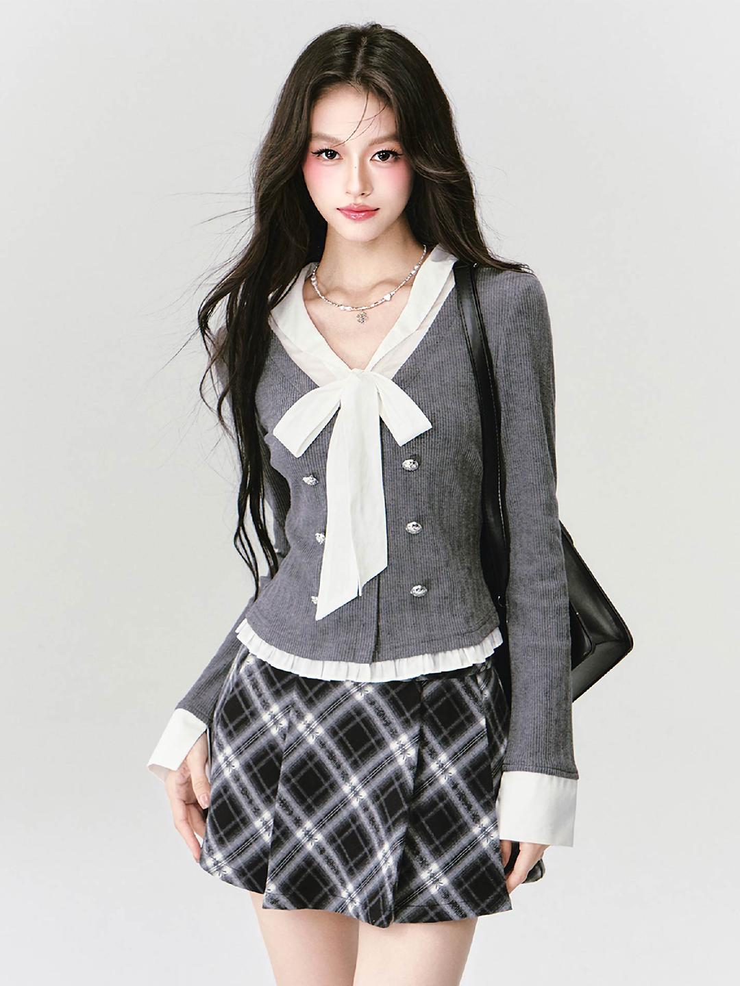 [FRAGILE HEART] Ribbon Knit Fake Two-Piece Top