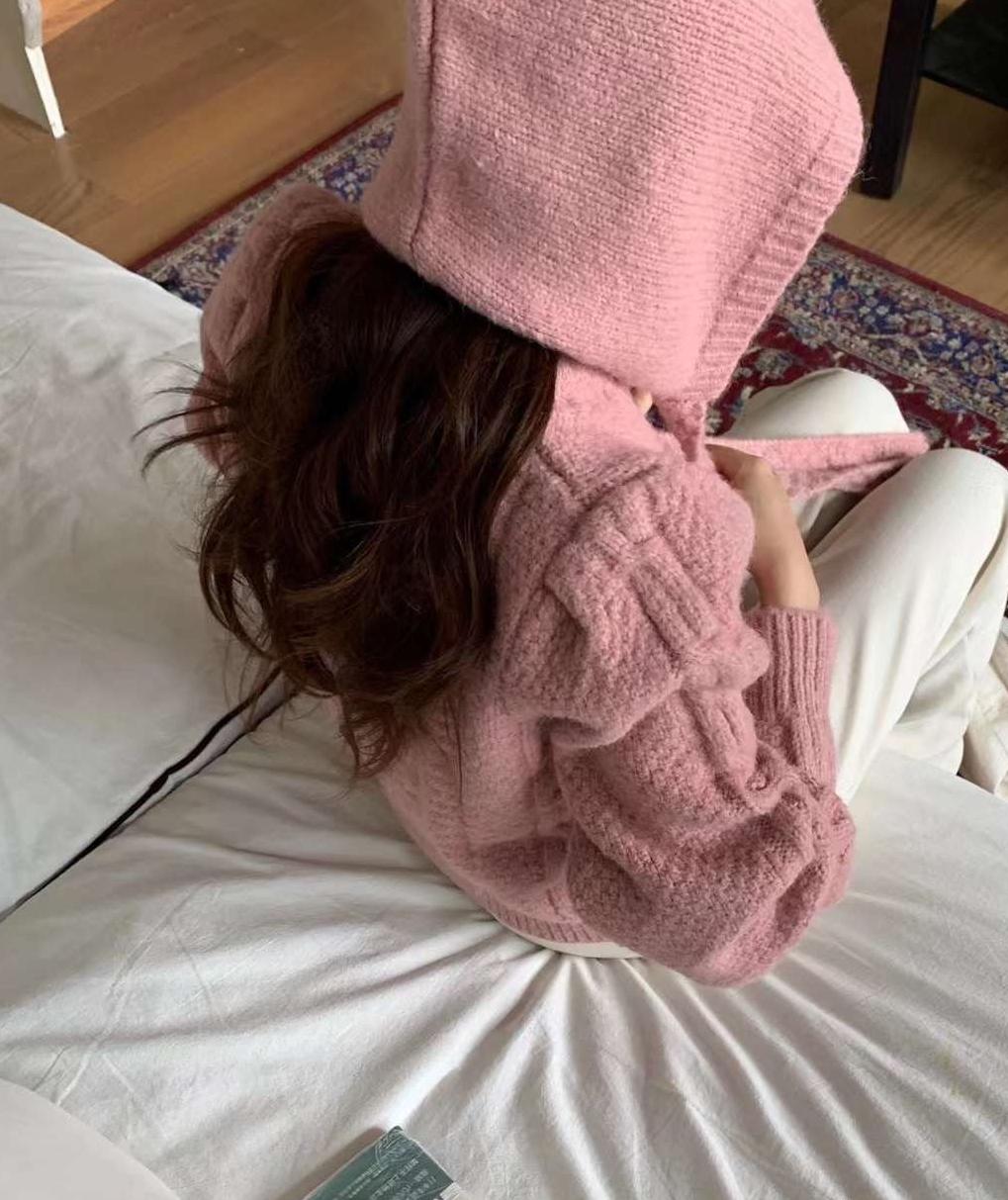 라운드 꽈배기니트 모자세트 퍼프소매 스웨터 후드 투피스