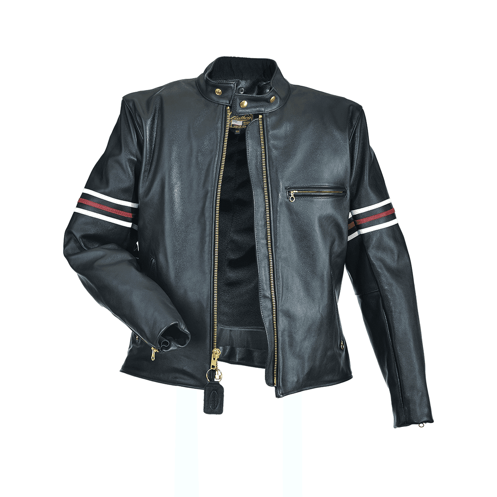 Model BH - Classic Black Leather Motorcycle Jacket - House Jacket with SLV Stripes