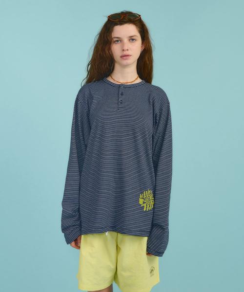 Henley Neck Stripe LS Tee_Navy