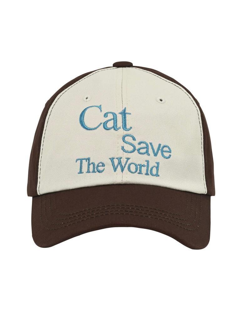 Cat Save The World Slogan lettering two tone ballcap  - 캣 세이브 더 월드 슬로건 레터링 투톤 배색 볼캡 (브라운)