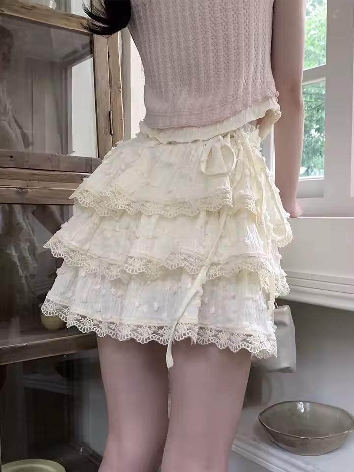 미니 레이어드 스커트 달콤한 귀여운 레이스 프릴 패치 워크 짧은 스커트 여성 여름 하이 웨스트 a 라인 스커트 한국 의류