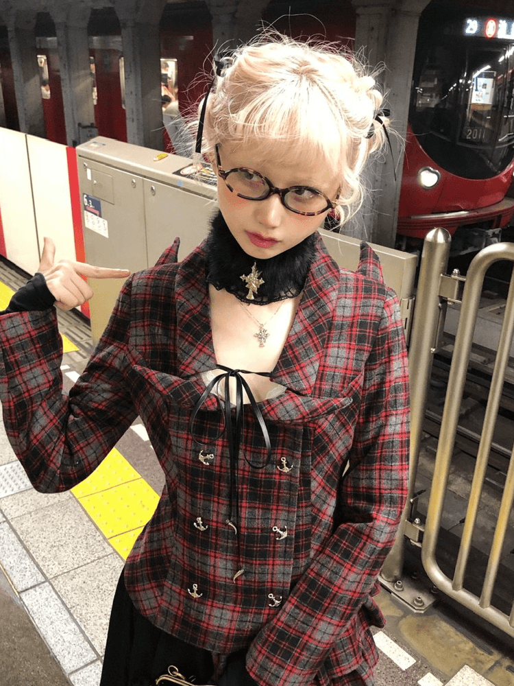 FinderMond Red Check Studded Jacket & Skirt Set