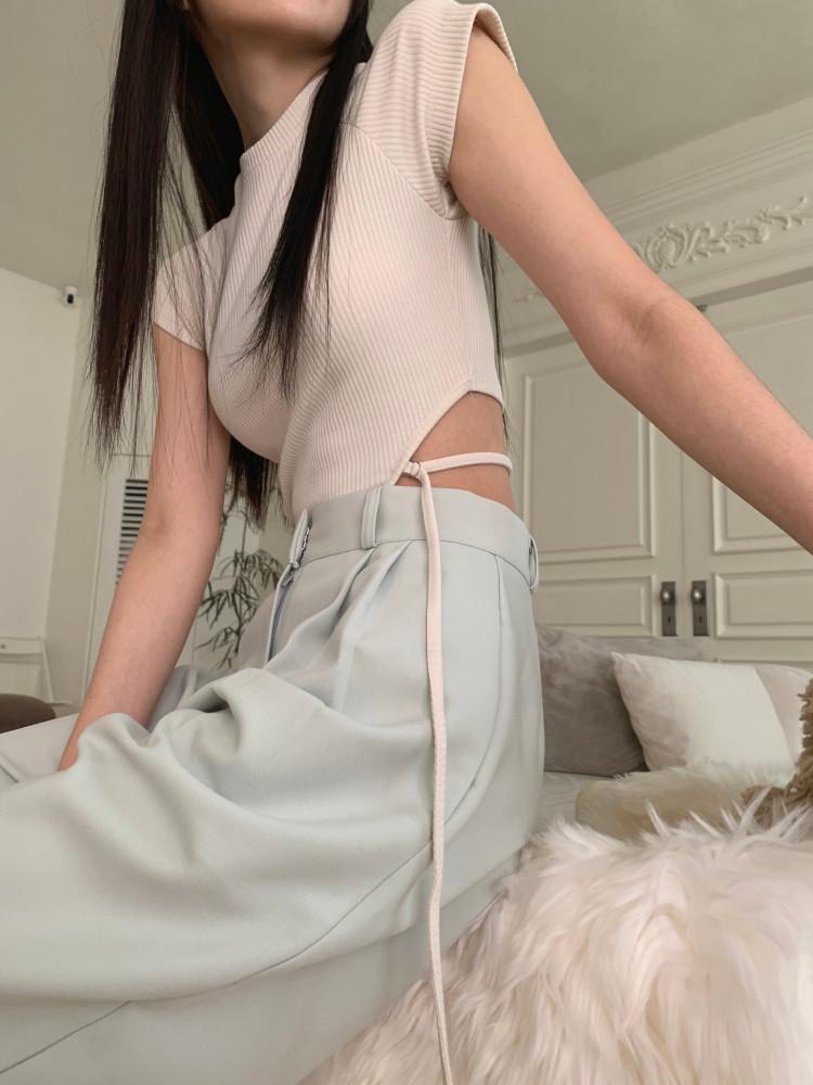 골지 스트링 캡소매 반팔 티셔츠(블랙,아이보리,카키,연그레이)