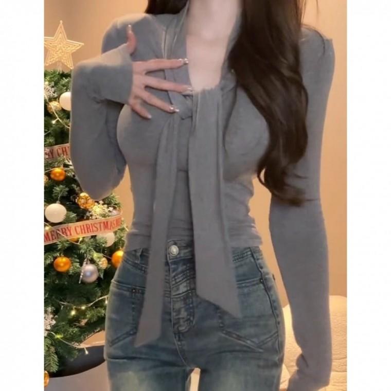 섹시 퓨어 칼라 스트링 기질 상의 소중 긴팔 여 추동 신상 슬림핏 레깅스