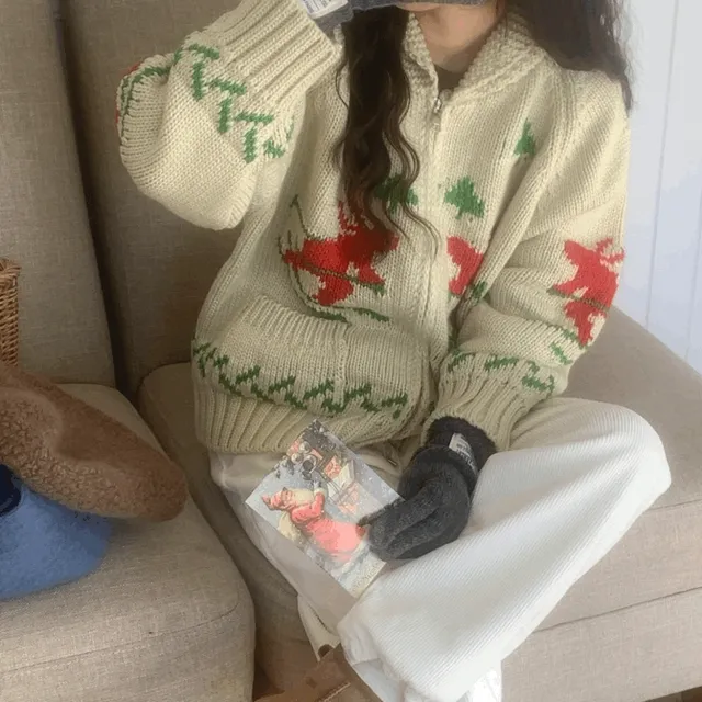 스노우 니트 집업 짜임 자수 크리스마스 겨울 도톰 가디건 투웨이 니트집업