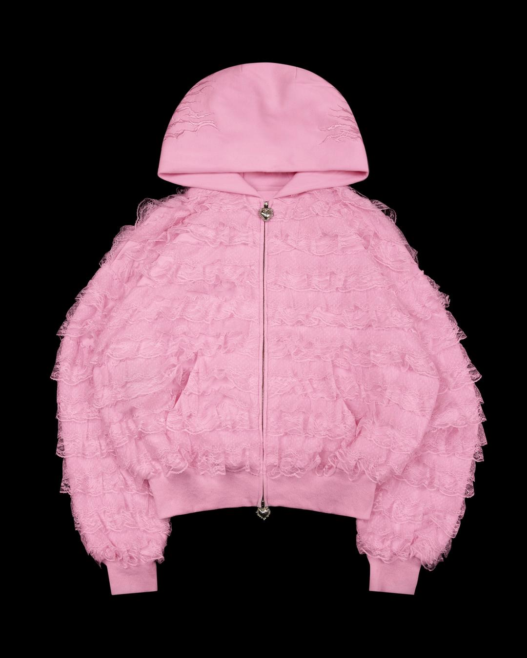 BAD ROMANCE RUFFLE ZIP HOODIE BABY PINK - XS