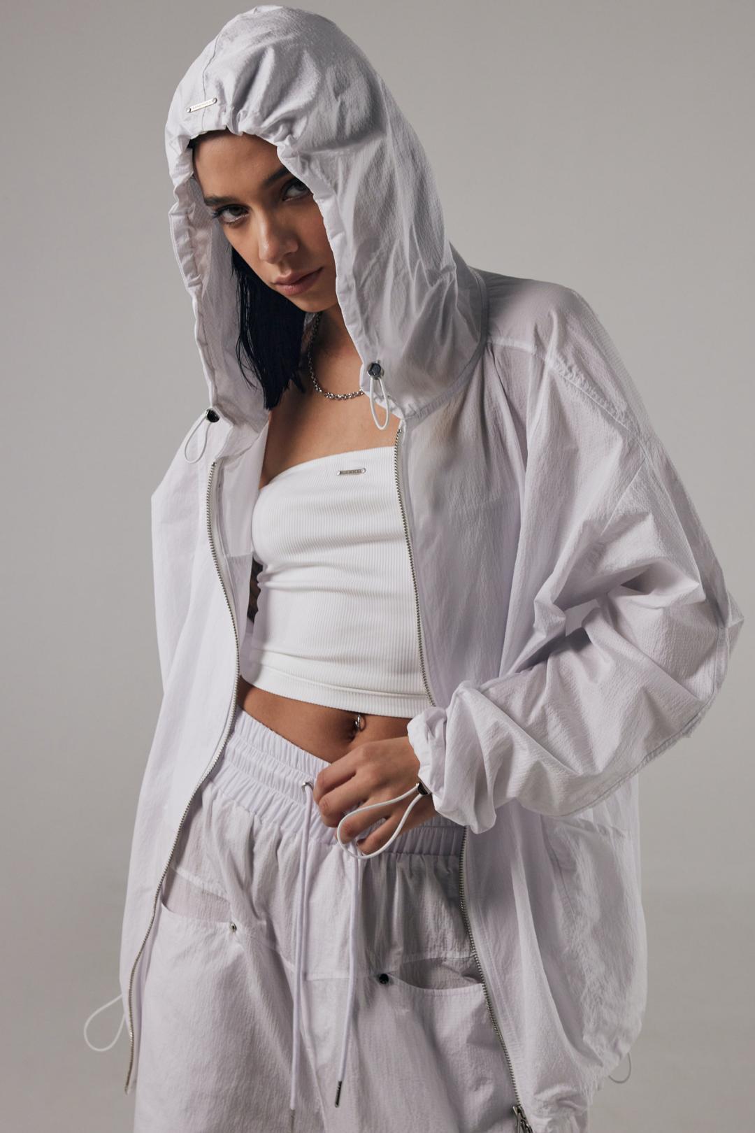 Round Rivet Nylon Set-up Hoodie Zip-up [ White ]