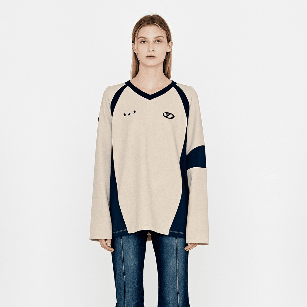 COLOR BLOCK V-NECK RAGLAN TOP - BEIGE