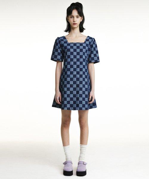 R SQUARE NECK CHECK DRESS