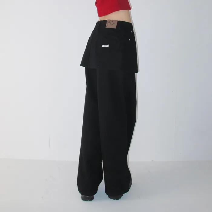 HEART POCKET DENIM SKIRT LAYERED PANTS BLACK