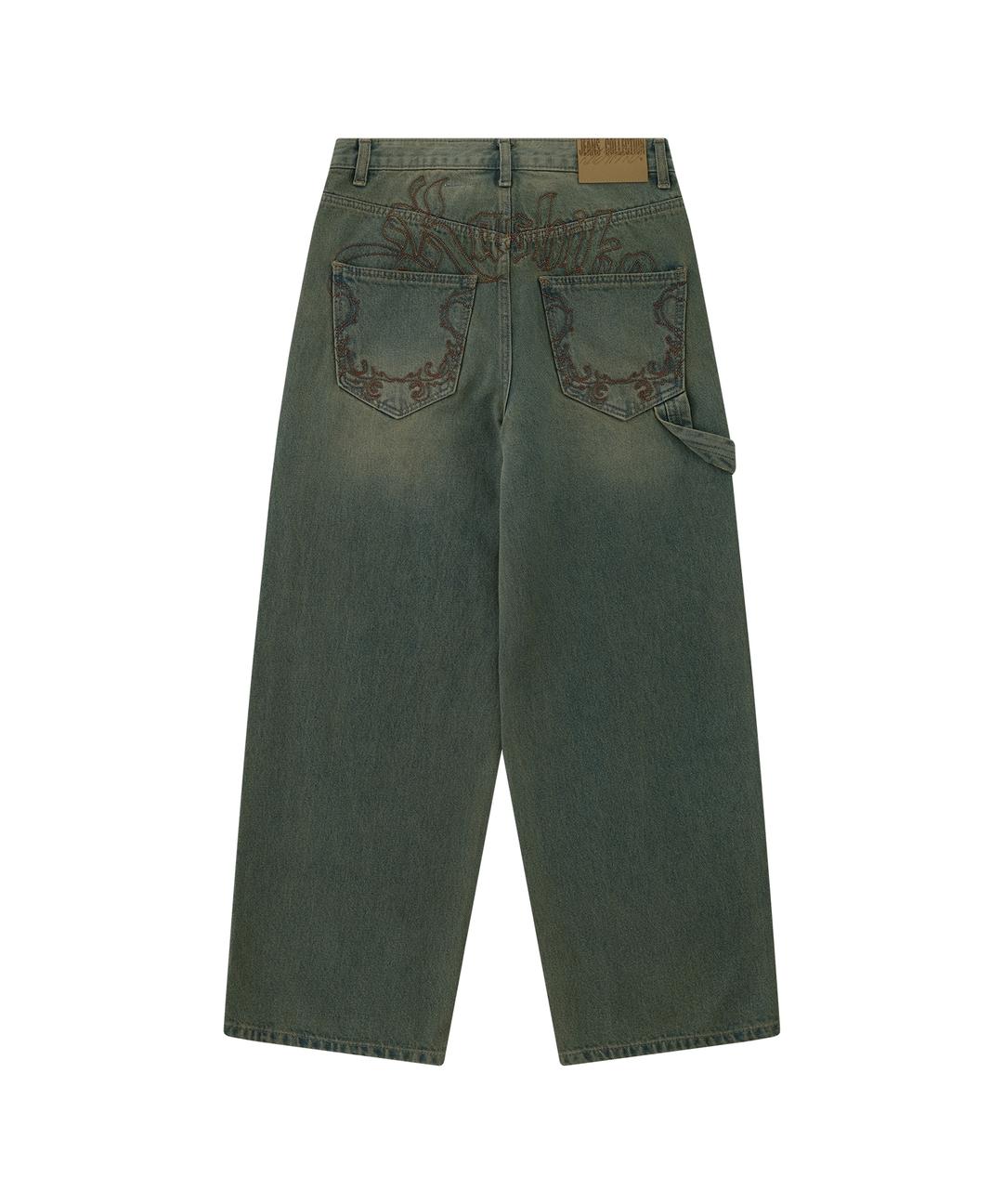 Embroidered Washing Denim Pants Blue