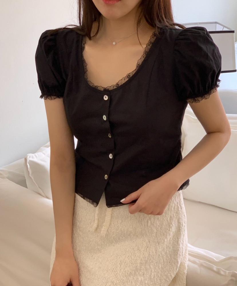 화당일/ miel 미엘 로레타 블라우스 크롭 레이스 반팔 라운드넥 bl(3col)