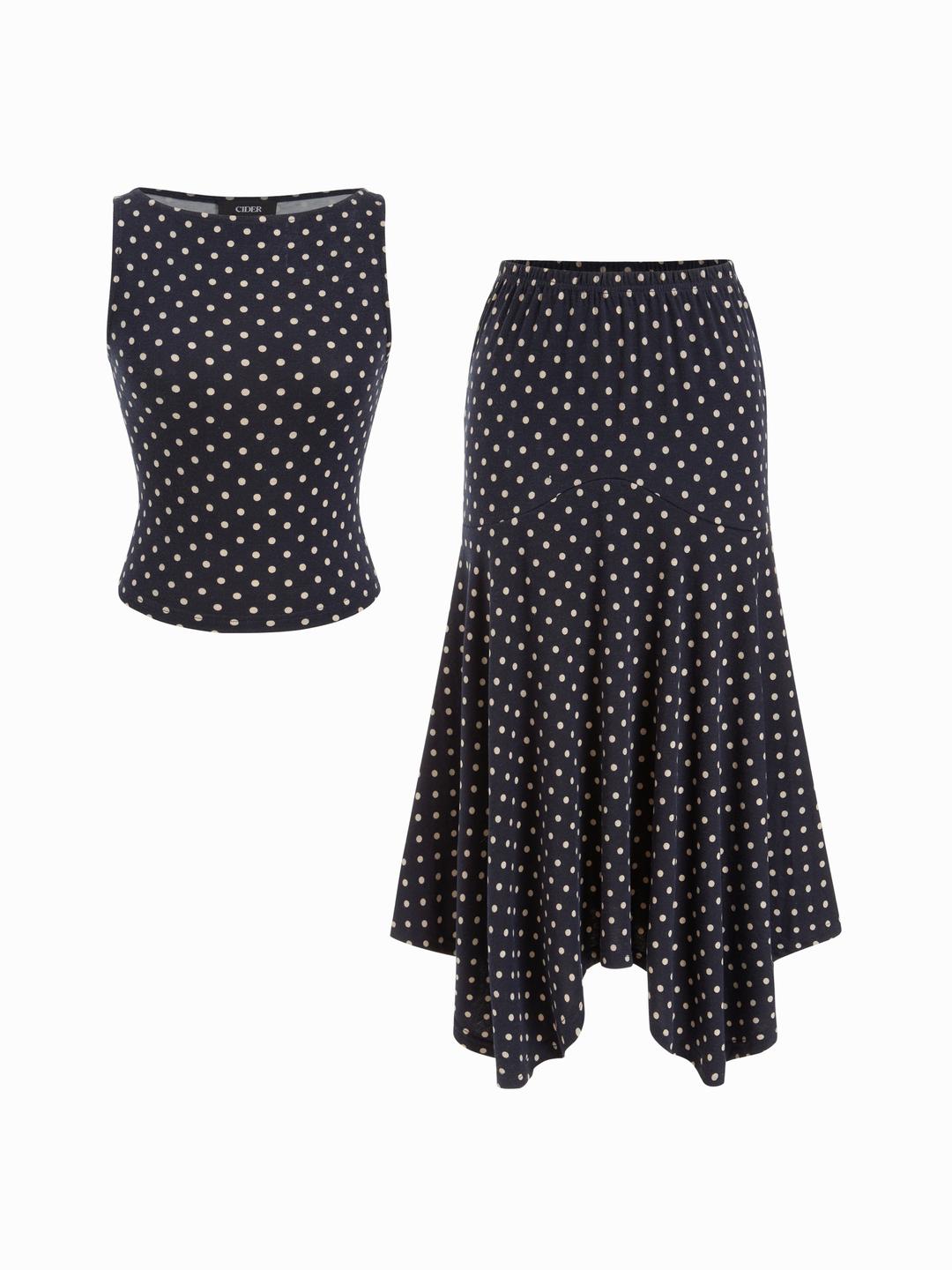 Boat Neck Polka Dot Top & Ruffle Hem Mid Rise Skirt Set