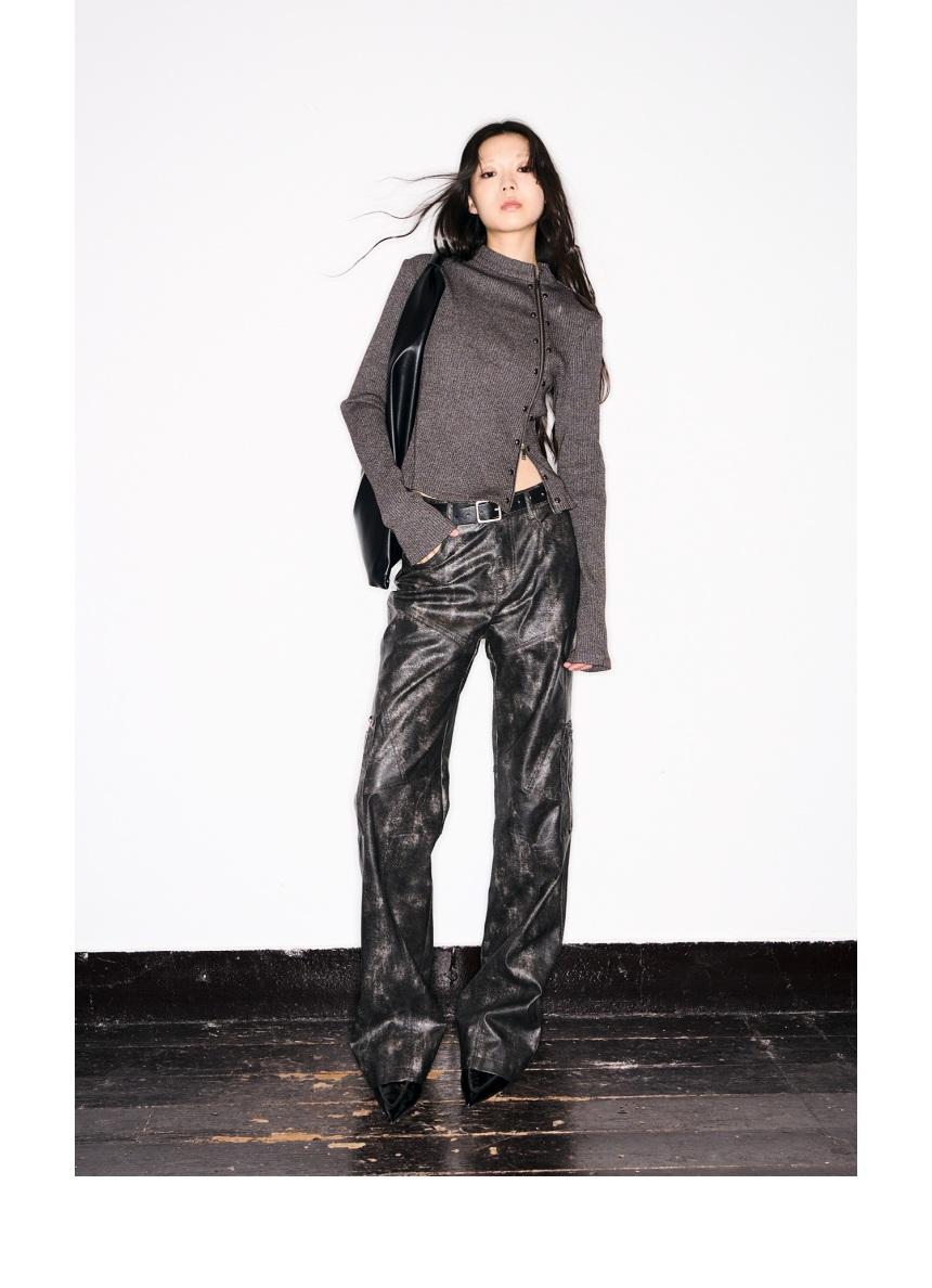 Take Care Washed Distressed Low Rise Straight Leather Pants