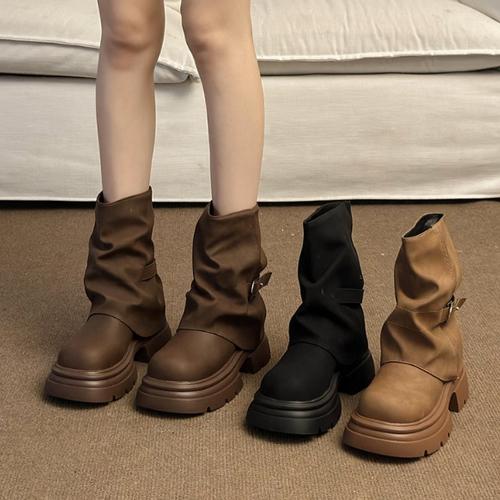 쏭블리 [당일발송] 쏭블링 패션 라운드 통굽 셔링 버클 미들부츠 0285