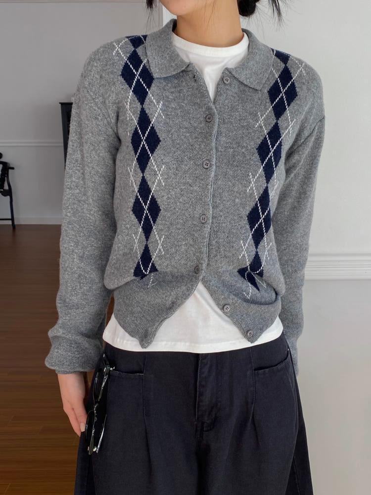문즈 밀런 아가일 패턴 캐시미어 가디건 / 3 Color
