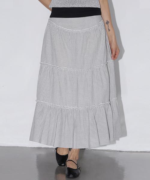 체크 티어드 롱 스커트 아이보리