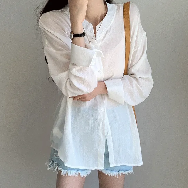 시스루 헤링본패턴 라운드 헨리넥 오버핏 셔츠 남방