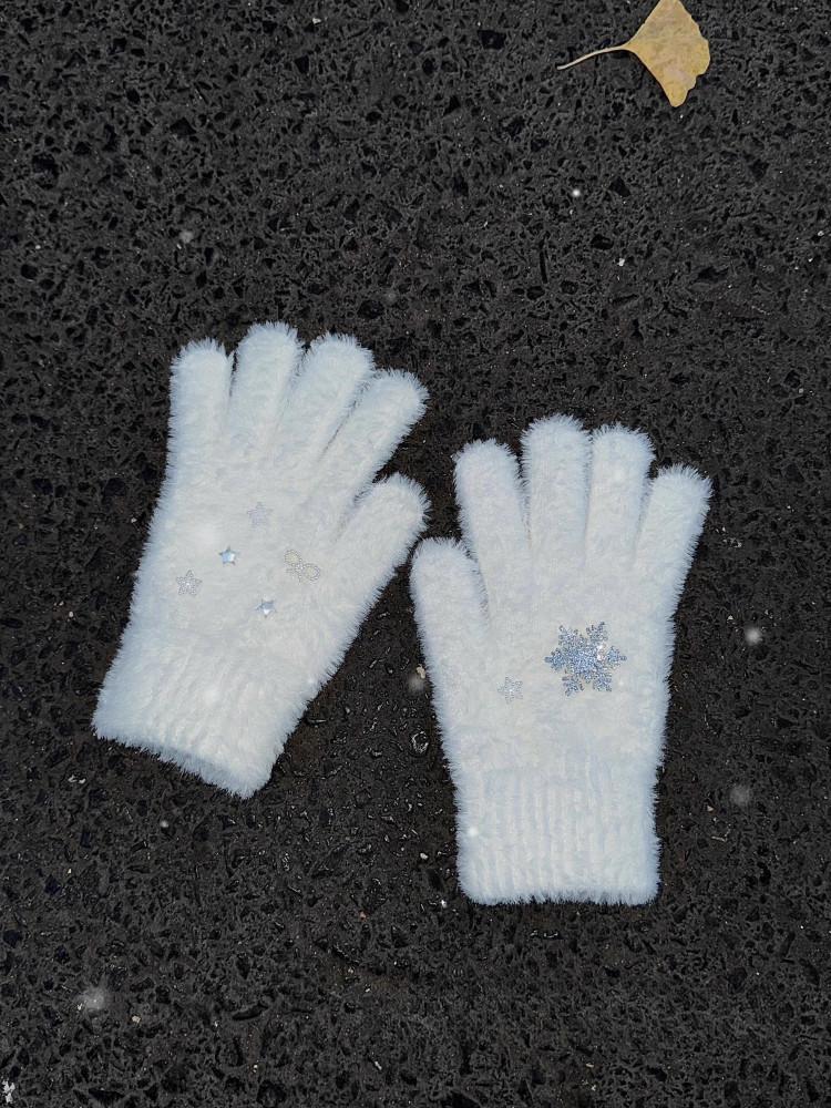 수심 Snowflake Gloves 눈송이 장갑 화이트 손가락 겨울 리본 유니크 러블리