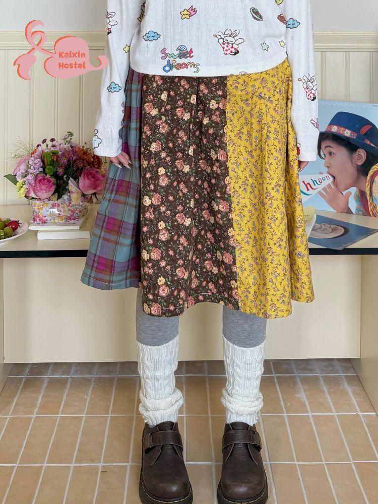 Checkered Floral Patchwork Pleated Skirt【s0000011151】