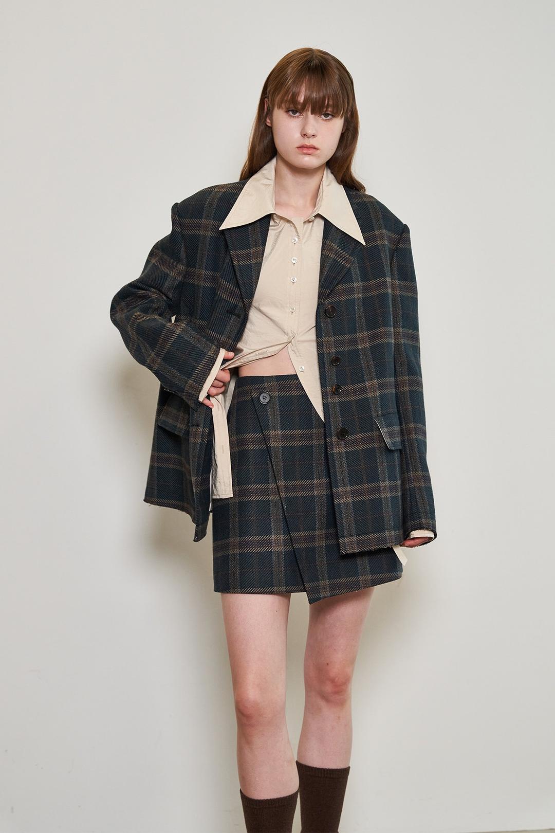 Fake Wrap Checkered Skirt _Navy Check