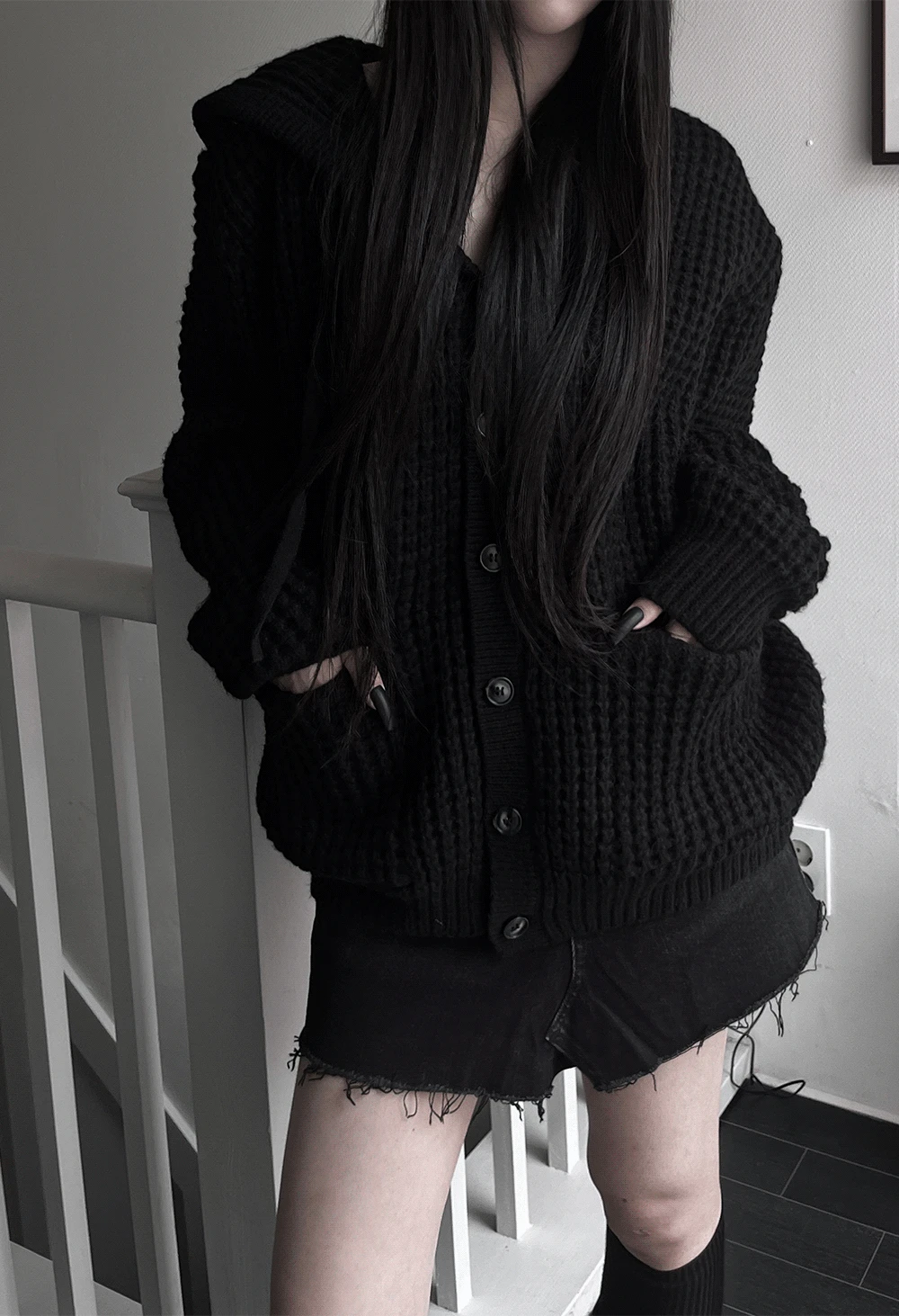 [unisex] pocket waffle hood cardigan