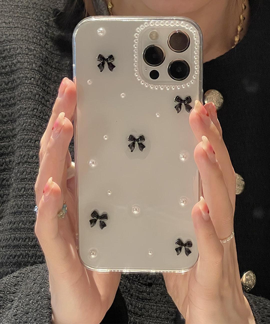 아이폰 투명 블랙 리본 진주 실리콘 젤리 심플 귀여운 유니크 하이틴 특이한 우정 커플 키치 핸드폰 휴대폰 애플 폰 케이스 아이폰케이스 X 11 프로 12 미니 13 14 프로맥스