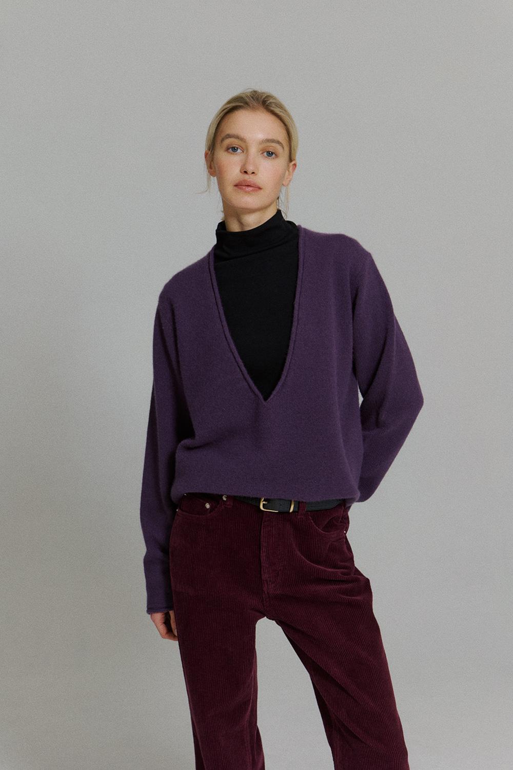 Deep V-neck Sweater in Eggplant